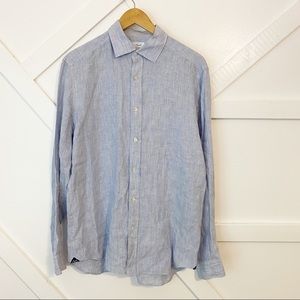 Agho Men’s Pinstripe Button Down Collared Dress Shirt Blue White Sz M